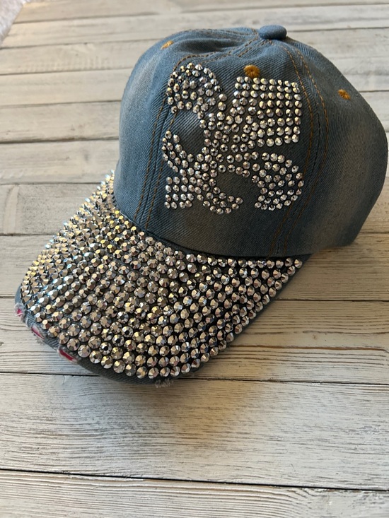 Accessories - Rhinestone Studded Distressed Denim Baseball Cap  Sparkling Silver Saints Detail